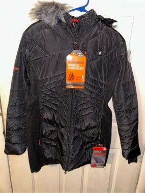 Rechargeable Insulated Heated Black Ski Jacket with Faux Fur Hood